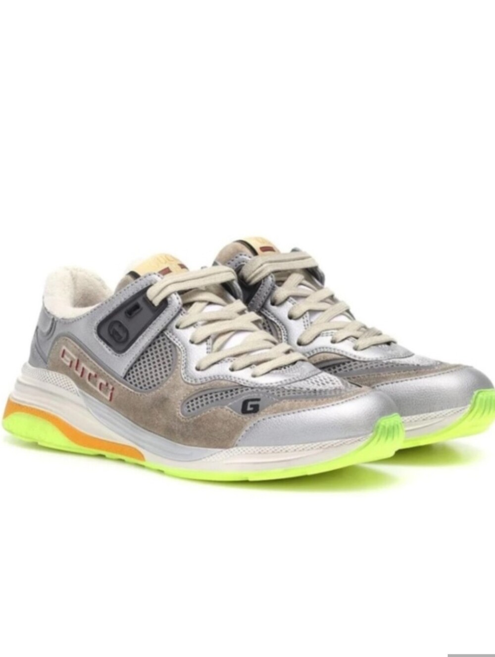 GUCCI women Ultrapace Sneakers Grey and Neon Green Silver Size 7.5